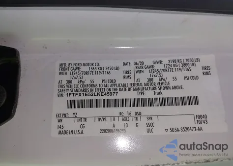 2020 Ford F-150 Xl z USA, uszkodzony, nr VIN 1FTFX1E52LKE45977